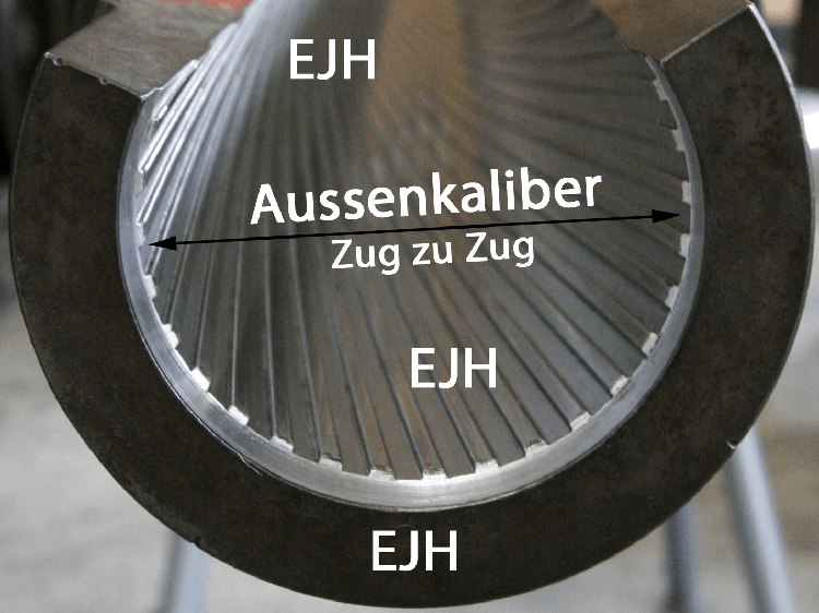 Außenkaliber ist der Durchmesser zwischen den eingeschnittenen Teilen (Züge) der Laufinnenwand.